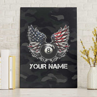 Custom American Flag Billiards Canvas Wall Art with 8-Ball Wings and Camo Background - Wonder Print Shop