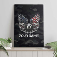 Custom American Flag Billiards Canvas Wall Art with 8-Ball Wings and Camo Background - Wonder Print Shop