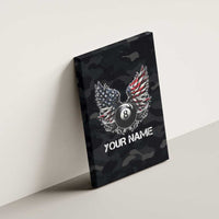 Custom American Flag Billiards Canvas Wall Art with 8-Ball Wings and Camo Background - Wonder Print Shop