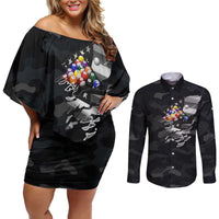 Custom American Flag Billiards Couples Matching Off Shoulder Short Dress and Long Sleeve Button Shirt with 8-Ball Wings and Camo Background - Wonder Print Shop