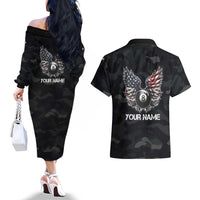 Custom American Flag Billiards Couples Matching Off The Shoulder Long Sleeve Dress and Hawaiian Shirt with 8-Ball Wings and Camo Background - Wonder Print Shop