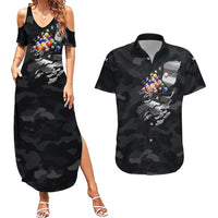 Custom American Flag Billiards Couples Matching Summer Maxi Dress and Hawaiian Shirt with 8-Ball Wings and Camo Background - Wonder Print Shop