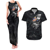 Custom American Flag Billiards Couples Matching Tank Maxi Dress and Hawaiian Shirt with 8-Ball Wings and Camo Background - Wonder Print Shop