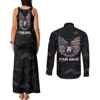 Custom American Flag Billiards Couples Matching Tank Maxi Dress and Long Sleeve Button Shirt with 8-Ball Wings and Camo Background - Wonder Print Shop
