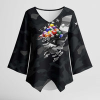 Custom American Flag Billiards Kimono Sleeve Blouse with 8-Ball Wings and Camo Background - Wonder Print Shop