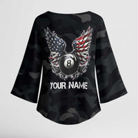 Custom American Flag Billiards Kimono Sleeve Blouse with 8-Ball Wings and Camo Background - Wonder Print Shop