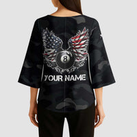 Custom American Flag Billiards Kimono Sleeve Blouse with 8-Ball Wings and Camo Background - Wonder Print Shop