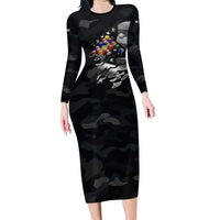 Custom American Flag Billiards Long Sleeve Bodycon Dress with 8-Ball Wings and Camo Background - Wonder Print Shop
