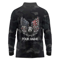 Custom American Flag Billiards Long Sleeve Polo Shirt with 8-Ball Wings and Camo Background - Wonder Print Shop