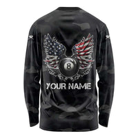 Custom American Flag Billiards Long Sleeve Shirt with 8-Ball Wings and Camo Background - Wonder Print Shop