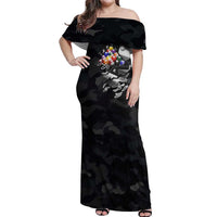 Custom American Flag Billiards Off Shoulder Maxi Dress with 8-Ball Wings and Camo Background - Wonder Print Shop
