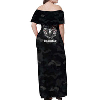 Custom American Flag Billiards Off Shoulder Maxi Dress with 8-Ball Wings and Camo Background - Wonder Print Shop