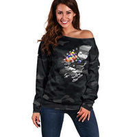 Custom American Flag Billiards Off Shoulder Sweater with 8-Ball Wings and Camo Background - Wonder Print Shop