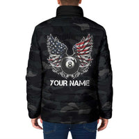 Custom American Flag Billiards Padded Jacket with 8-Ball Wings and Camo Background - Wonder Print Shop