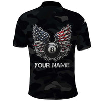 Custom American Flag Billiards Polo Shirt with 8-Ball Wings and Camo Background - Wonder Print Shop