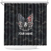 Custom American Flag Billiards Shower Curtain with 8-Ball Wings and Camo Background - Wonder Print Shop