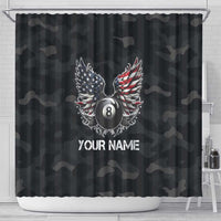 Custom American Flag Billiards Shower Curtain with 8-Ball Wings and Camo Background - Wonder Print Shop