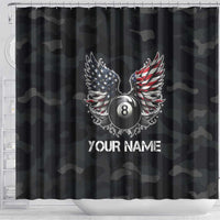 Custom American Flag Billiards Shower Curtain with 8-Ball Wings and Camo Background - Wonder Print Shop