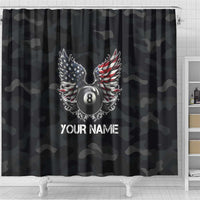 Custom American Flag Billiards Shower Curtain with 8-Ball Wings and Camo Background - Wonder Print Shop
