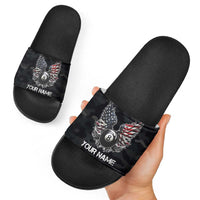 Custom American Flag Billiards Slide Sandals with 8-Ball Wings and Camo Background - Wonder Print Shop
