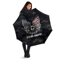 Custom American Flag Billiards Umbrella with 8-Ball Wings and Camo Background - Wonder Print Shop