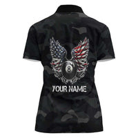Custom American Flag Billiards Women Polo Shirt with 8-Ball Wings and Camo Background - Wonder Print Shop