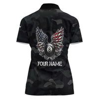 Custom American Flag Billiards Women Polo Shirt with 8-Ball Wings and Camo Background - Wonder Print Shop