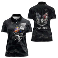 Custom American Flag Billiards Women Polo Shirt with 8-Ball Wings and Camo Background - Wonder Print Shop