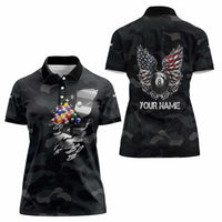 Custom American Flag Billiards Women Polo Shirt with 8-Ball Wings and Camo Background - Wonder Print Shop