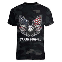 Custom American Flag Billiards Women V-Neck T-Shirt with 8-Ball Wings and Camo Background - Wonder Print Shop