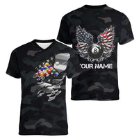 Custom American Flag Billiards Women V-Neck T-Shirt with 8-Ball Wings and Camo Background - Wonder Print Shop
