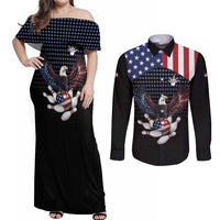 Custom Patriotic Bowling Couples Matching Off Shoulder Maxi Dress and Long Sleeve Button Shirt with Bald Eagle, American Flag Bowling Ball - Wonder Print Shop