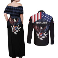 Custom Patriotic Bowling Couples Matching Off Shoulder Maxi Dress and Long Sleeve Button Shirt with Bald Eagle, American Flag Bowling Ball - Wonder Print Shop
