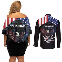 Custom Patriotic Bowling Couples Matching Off Shoulder Short Dress and Long Sleeve Button Shirt with Bald Eagle, American Flag Bowling Ball - Wonder Print Shop