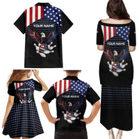 Custom Patriotic Bowling Family Matching Puletasi and Hawaiian Shirt with Bald Eagle, American Flag Bowling Ball - Wonder Print Shop