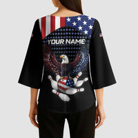 Custom Patriotic Bowling Kimono Sleeve Blouse with Bald Eagle, American Flag Bowling Ball - Wonder Print Shop