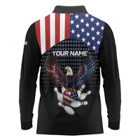 Custom Patriotic Bowling Long Sleeve Polo Shirt with Bald Eagle, American Flag Bowling Ball - Wonder Print Shop
