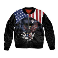 Custom Patriotic Bowling Sleeve Zip Bomber Jacket with Bald Eagle, American Flag Bowling Ball - Wonder Print Shop