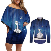 Custom Galaxy Golf Couples Matching Off Shoulder Short Dress and Long Sleeve Button Shirt with Golfer Silhouette, Golf Ball Design - Wonder Print Shop