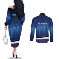 Custom Galaxy Golf Couples Matching Off The Shoulder Long Sleeve Dress and Long Sleeve Button Shirt with Golfer Silhouette, Golf Ball Design - Wonder Print Shop