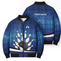 Custom Galaxy Bowling Bomber Puffer Jacket with Striking Pins and Ball Design - Wonder Print Shop