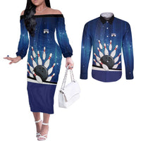 Custom Galaxy Bowling Couples Matching Off The Shoulder Long Sleeve Dress and Long Sleeve Button Shirt with Striking Pins and Ball Design - Wonder Print Shop