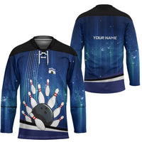 Custom Galaxy Bowling Hockey Jersey with Striking Pins and Ball Design - Wonder Print Shop