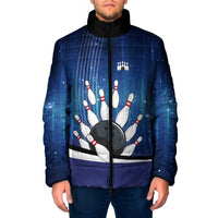 Custom Galaxy Bowling Padded Jacket with Striking Pins and Ball Design - Wonder Print Shop