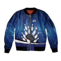 Custom Galaxy Bowling Sleeve Zip Bomber Jacket with Striking Pins and Ball Design - Wonder Print Shop