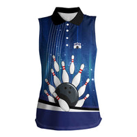 Custom Galaxy Bowling Women Sleeveless Polo Shirt with Striking Pins and Ball Design - Wonder Print Shop