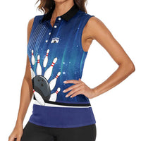 Custom Galaxy Bowling Women Sleeveless Polo Shirt with Striking Pins and Ball Design - Wonder Print Shop