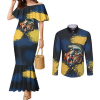 Custom Camo Redfish Couples Matching Mermaid Dress and Long Sleeve Button Shirt with Colorful Fish Design, Yellow Splatter Pattern - Wonder Print Shop