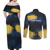 Custom Camo Redfish Couples Matching Off Shoulder Maxi Dress and Long Sleeve Button Shirt with Colorful Fish Design, Yellow Splatter Pattern - Wonder Print Shop