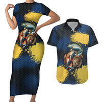 Custom Camo Redfish Couples Matching Short Sleeve Bodycon Dress and Hawaiian Shirt with Colorful Fish Design, Yellow Splatter Pattern - Wonder Print Shop